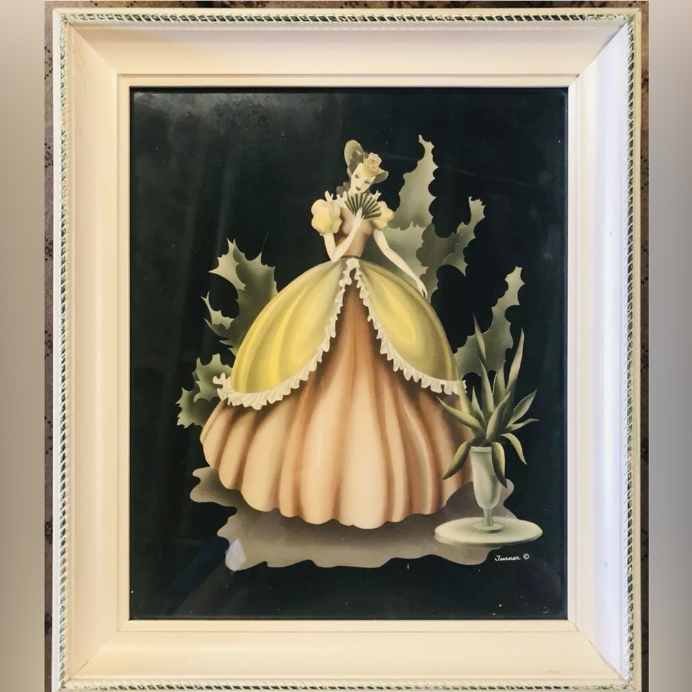 Vintage Framed Print Southern Belle Woman in Garden Signed Turner